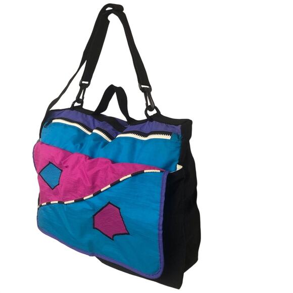 Y2K 90s 80s Vintage Bright Turquoise Black Pink Nylon Messenger Style Book Bag - Picture 16 of 16